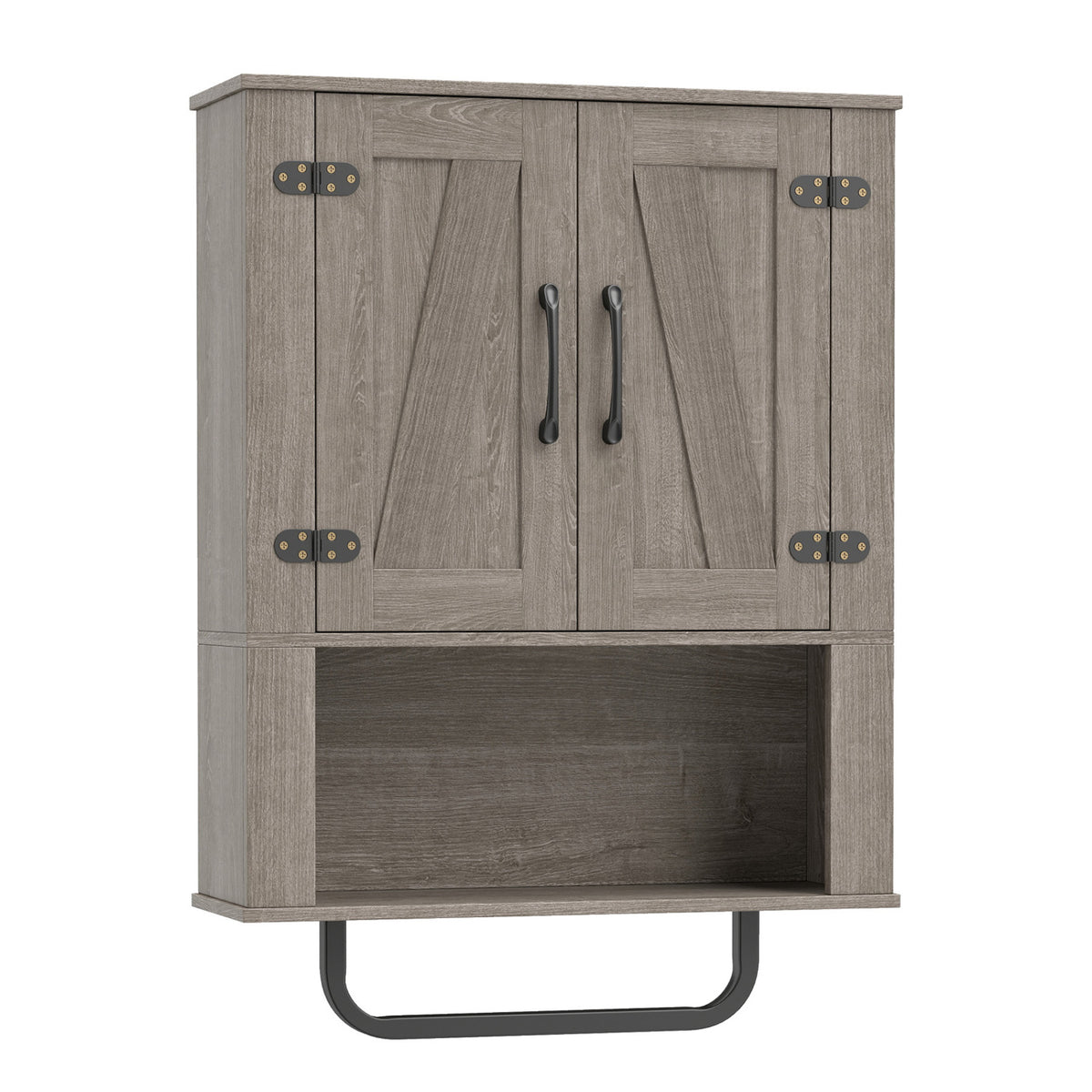 Bathroom Wall Cabinet with 2 Barn Doors and Towel Bar and 3-Tier Wooden Storage