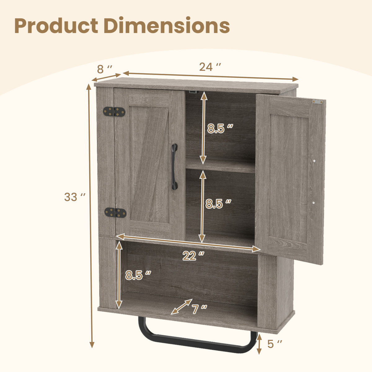Bathroom Wall Cabinet with 2 Barn Doors and Towel Bar and 3-Tier Wooden Storage