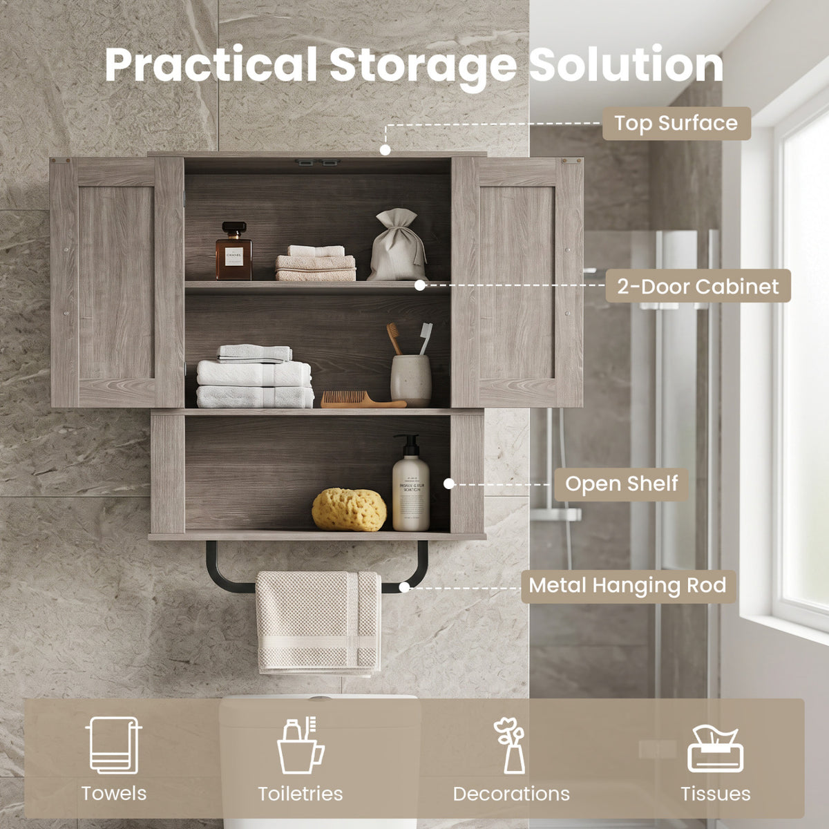 Bathroom Wall Cabinet with 2 Barn Doors and Towel Bar and 3-Tier Wooden Storage