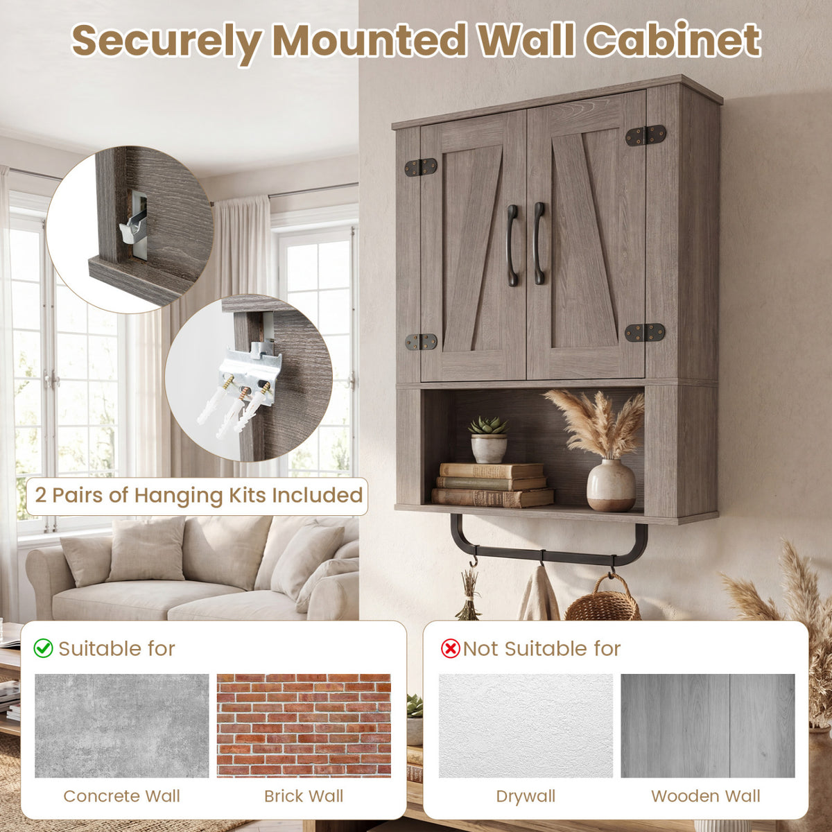Bathroom Wall Cabinet with 2 Barn Doors and Towel Bar and 3-Tier Wooden Storage