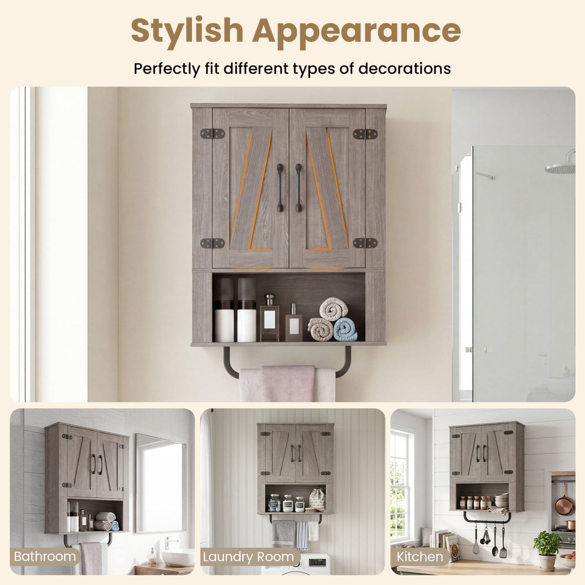 Bathroom Wall Cabinet with 2 Barn Doors and Towel Bar and 3-Tier Wooden Storage