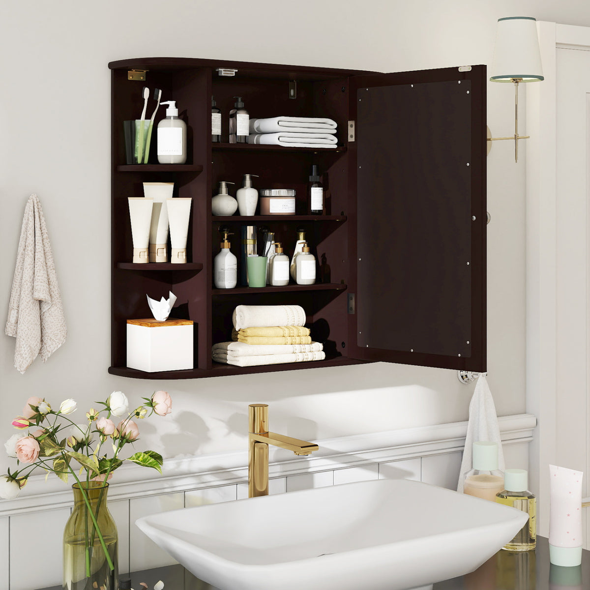 Bathroom Wall Cabinet with Mirror Door 4 Internal Adjustable Shelves and 6 Side Open Shelves-Brown