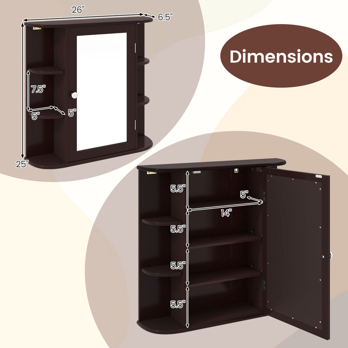 Bathroom Wall Cabinet with Mirror Door 4 Internal Adjustable Shelves and 6 Side Open Shelves-Brown