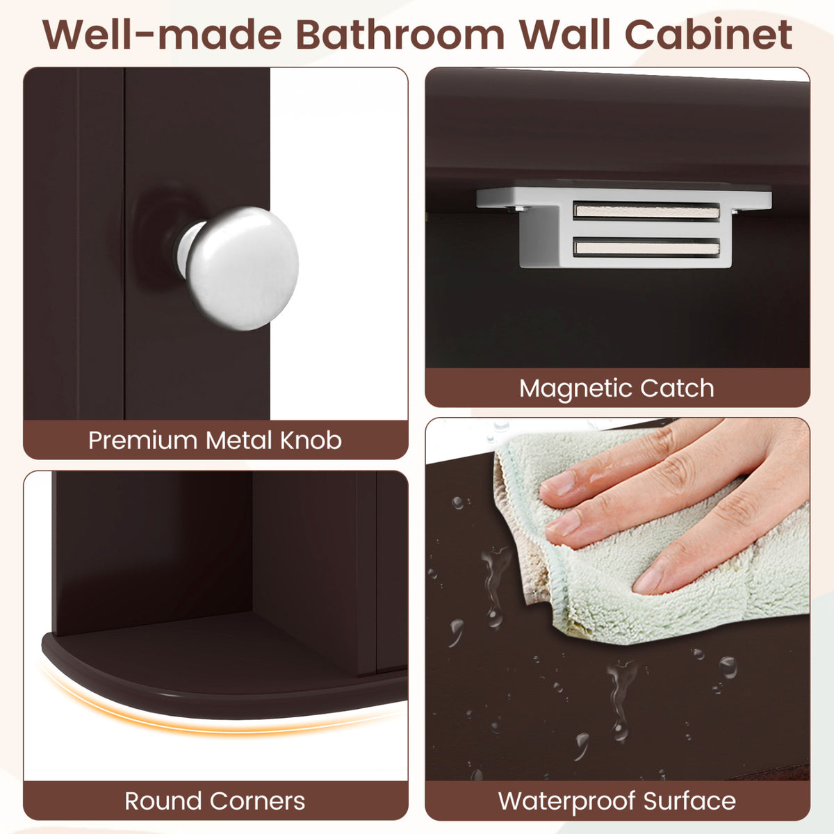 Bathroom Wall Cabinet with Mirror Door 4 Internal Adjustable Shelves and 6 Side Open Shelves-Brown
