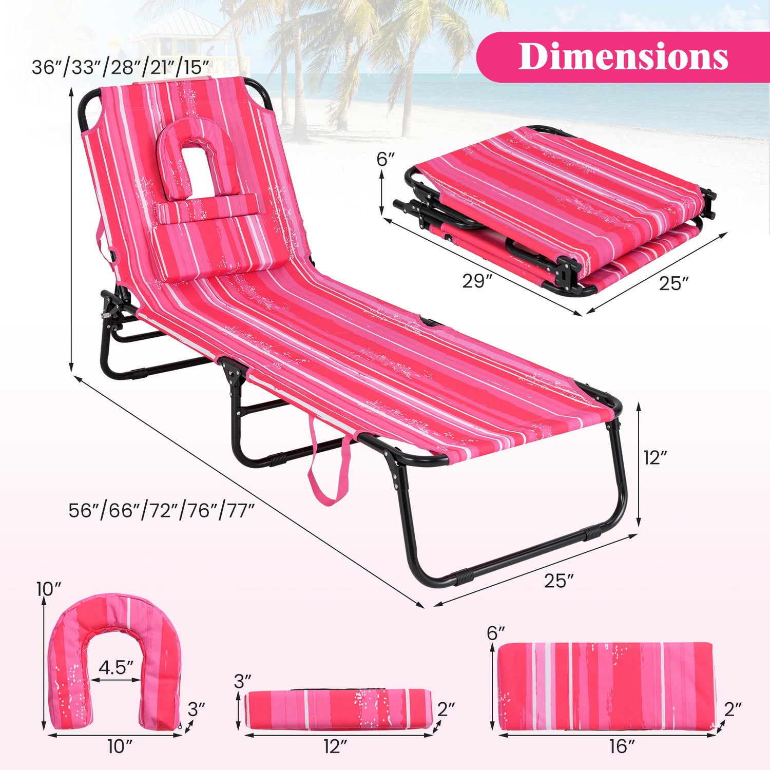 Beach Chaise Lounge Chair with Face Hole and Removable Pillow