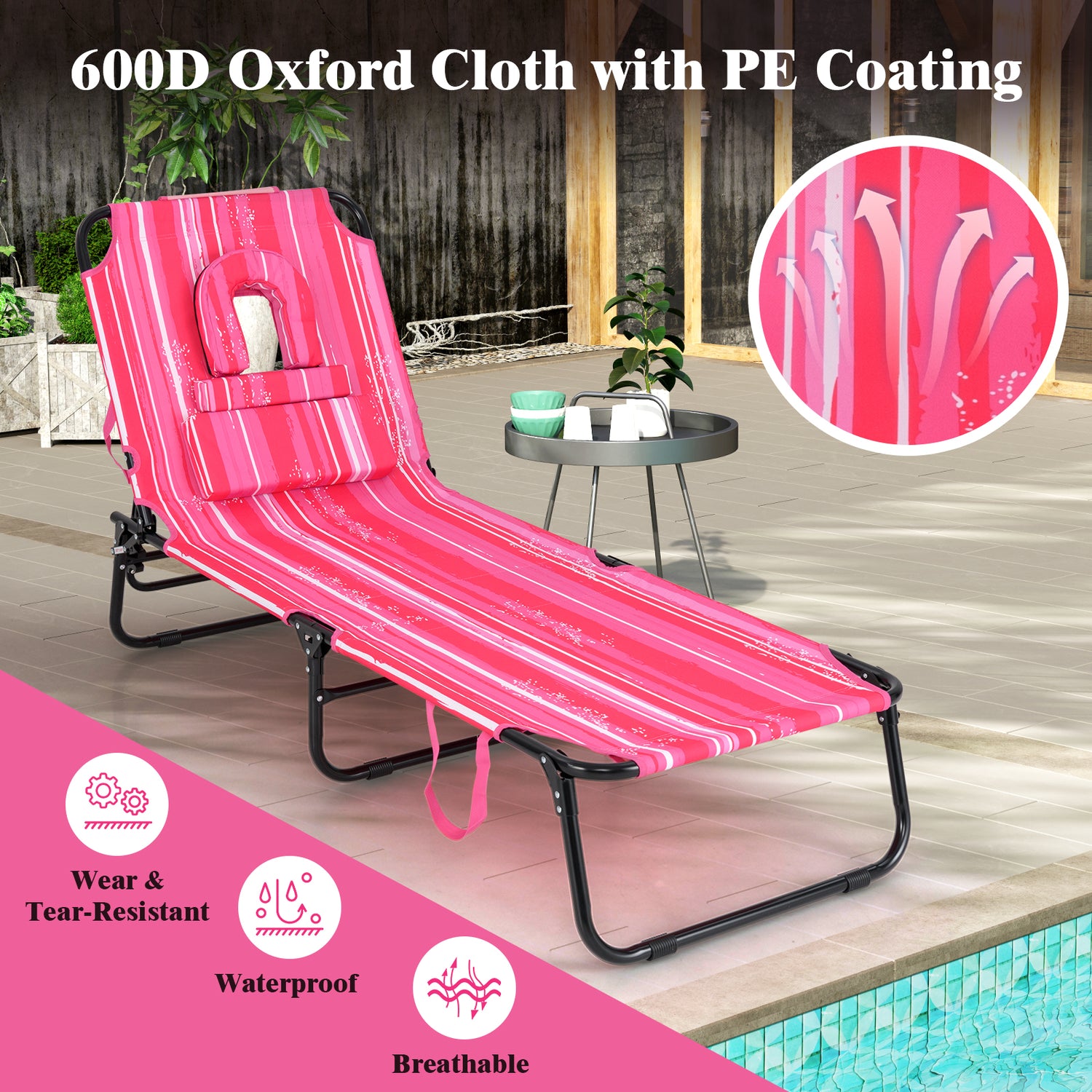 Beach Chaise Lounge Chair with Face Hole and Removable Pillow