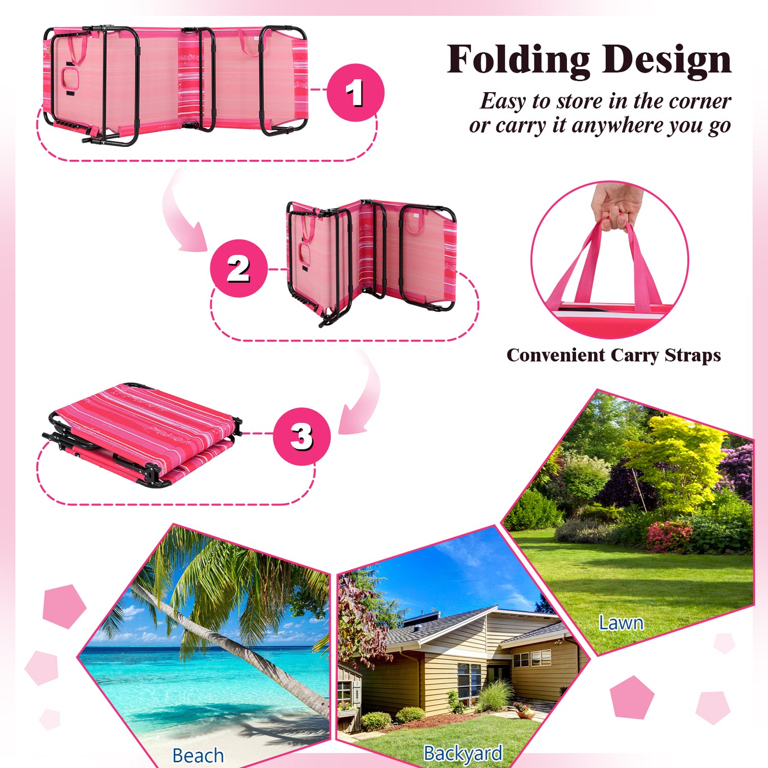 Beach Chaise Lounge Chair with Face Hole and Removable Pillow