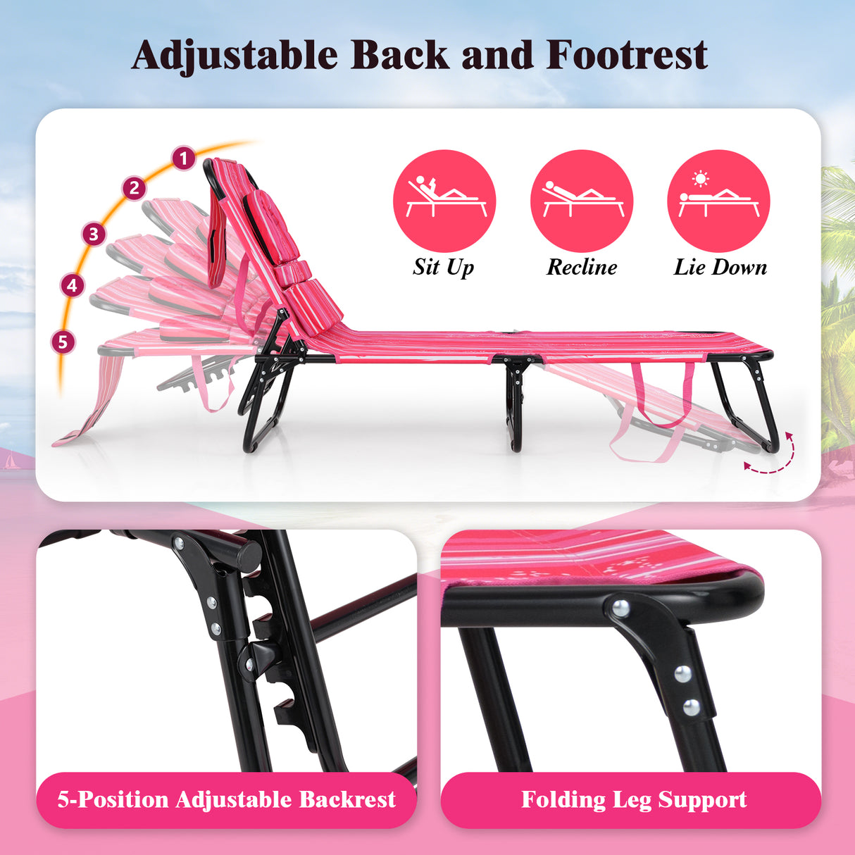 Beach Chaise Lounge Chair with Face Hole and Removable Pillow