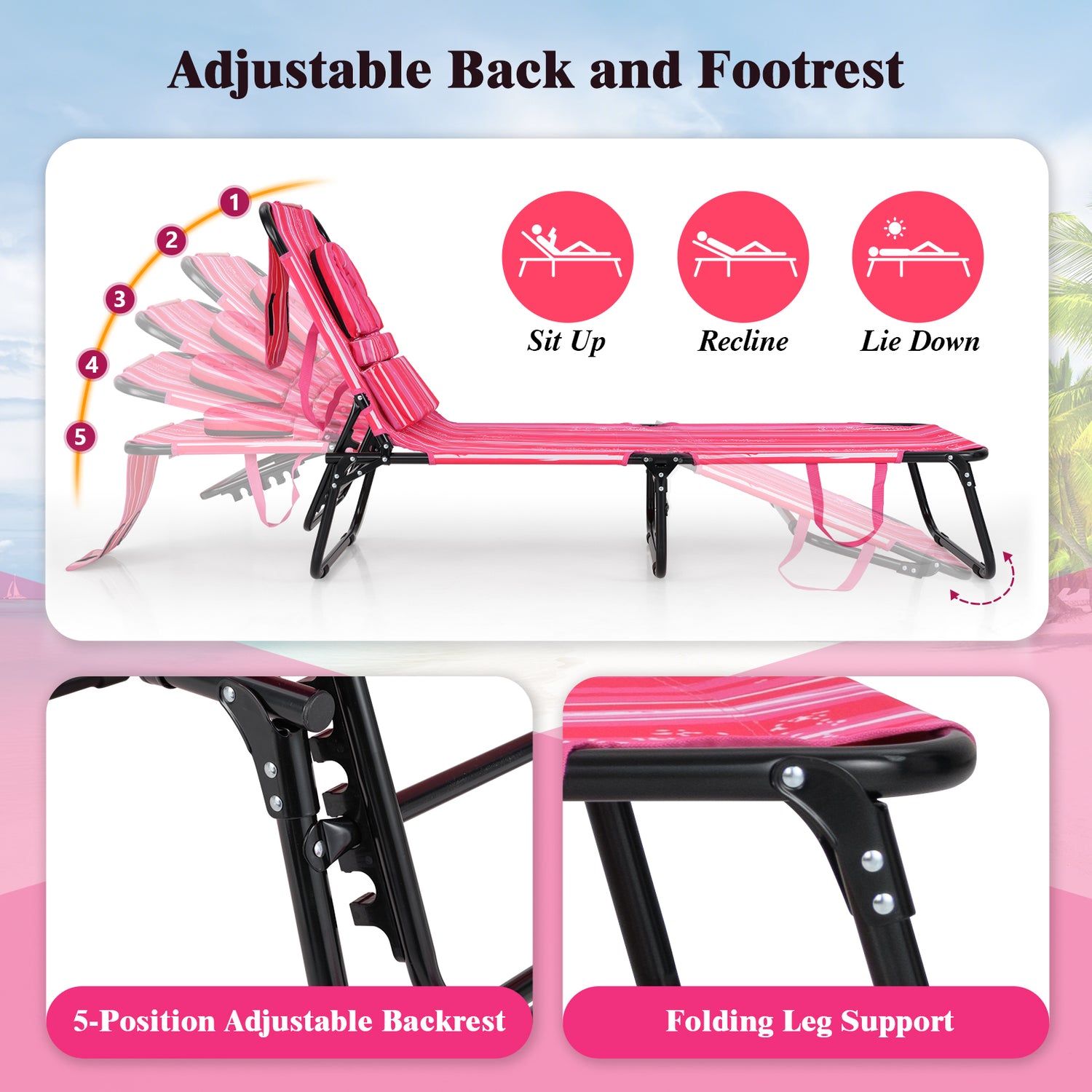 Beach Chaise Lounge Chair with Face Hole and Removable Pillow