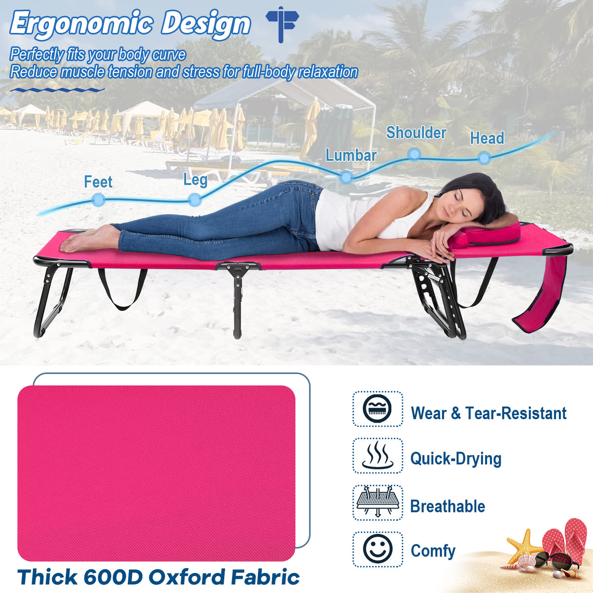 Beach Chaise Lounge Chair with Face Hole and Removable Pillow