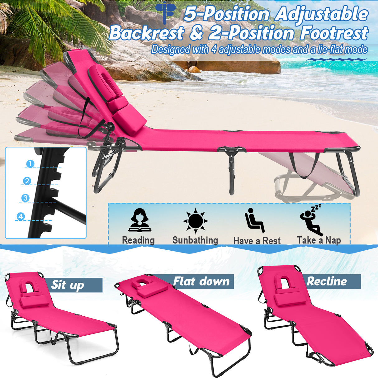 Beach Chaise Lounge Chair with Face Hole and Removable Pillow