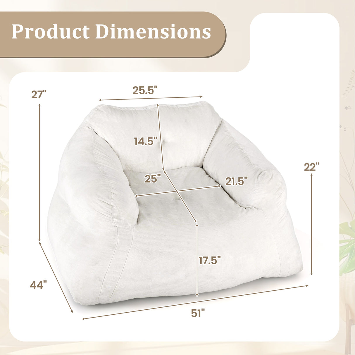 Bean Bag Chair Plush Lazy Sofa with Ultra-soft Velvet Cover-Beige