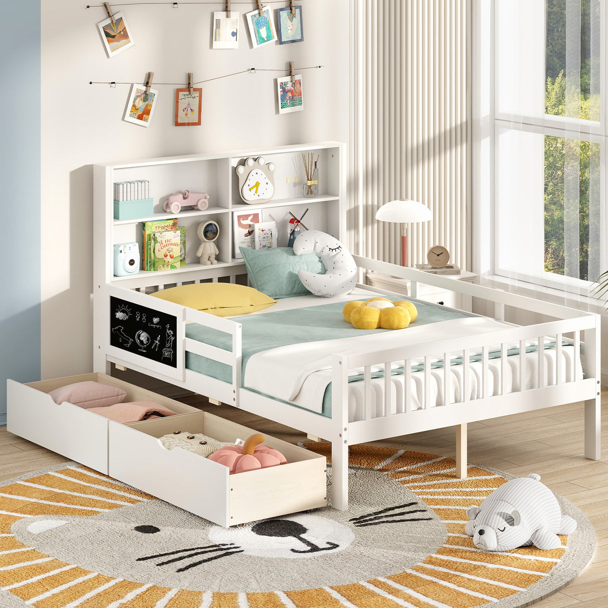 Twin/Full Size Bed Frame with 2 Drawers and Bookcase for Boys and Girls