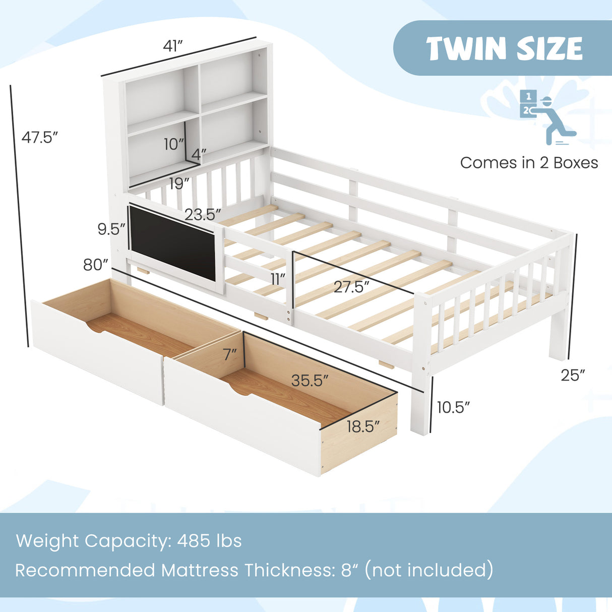 Twin/Full Size Bed Frame with 2 Drawers and Bookcase for Boys and Girls