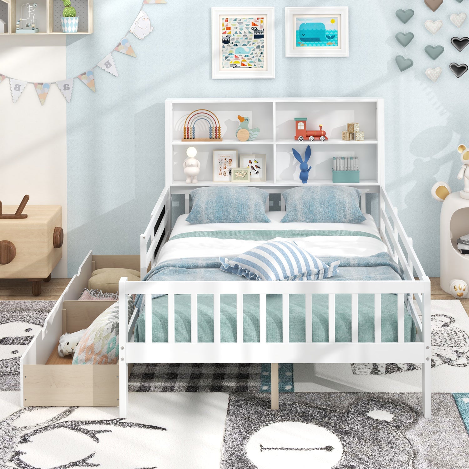 Twin/Full Size Bed Frame with 2 Drawers and Bookcase for Boys and Girls