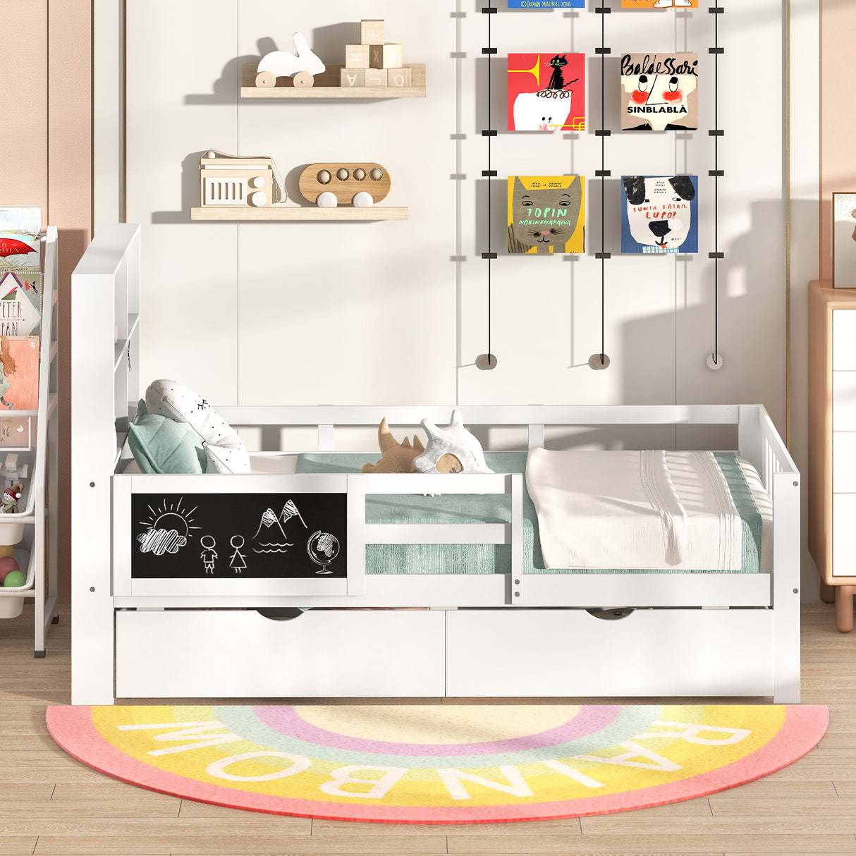 Twin/Full Size Bed Frame with 2 Drawers and Bookcase for Boys and Girls