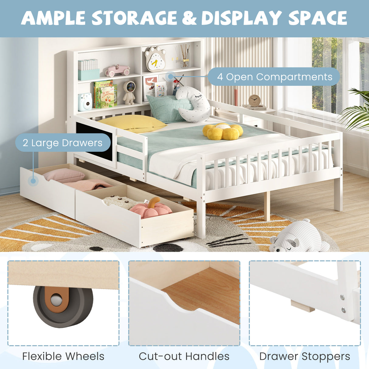 Twin/Full Size Bed Frame with 2 Drawers and Bookcase for Boys and Girls