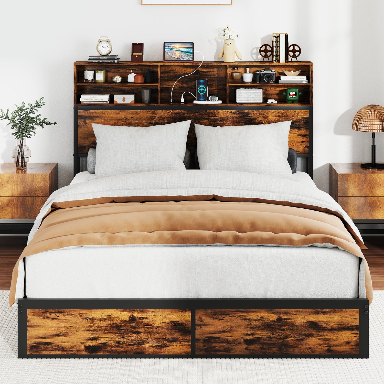 Twin/Full/Queen/King Size Bed Frame with Storage Headboard Industrial Metal Platform Bed
