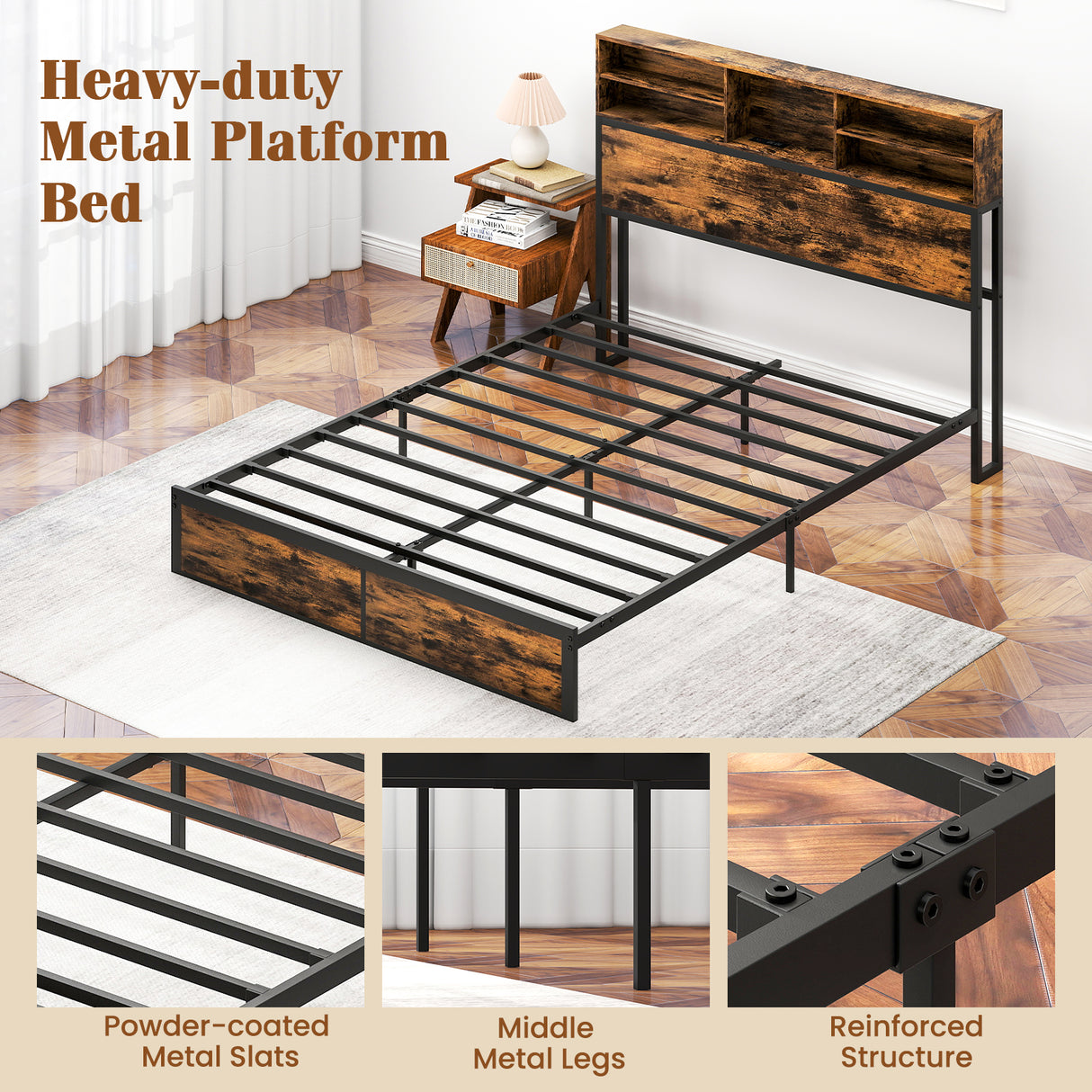 Twin/Full/Queen/King Size Bed Frame with Storage Headboard Industrial Metal Platform Bed