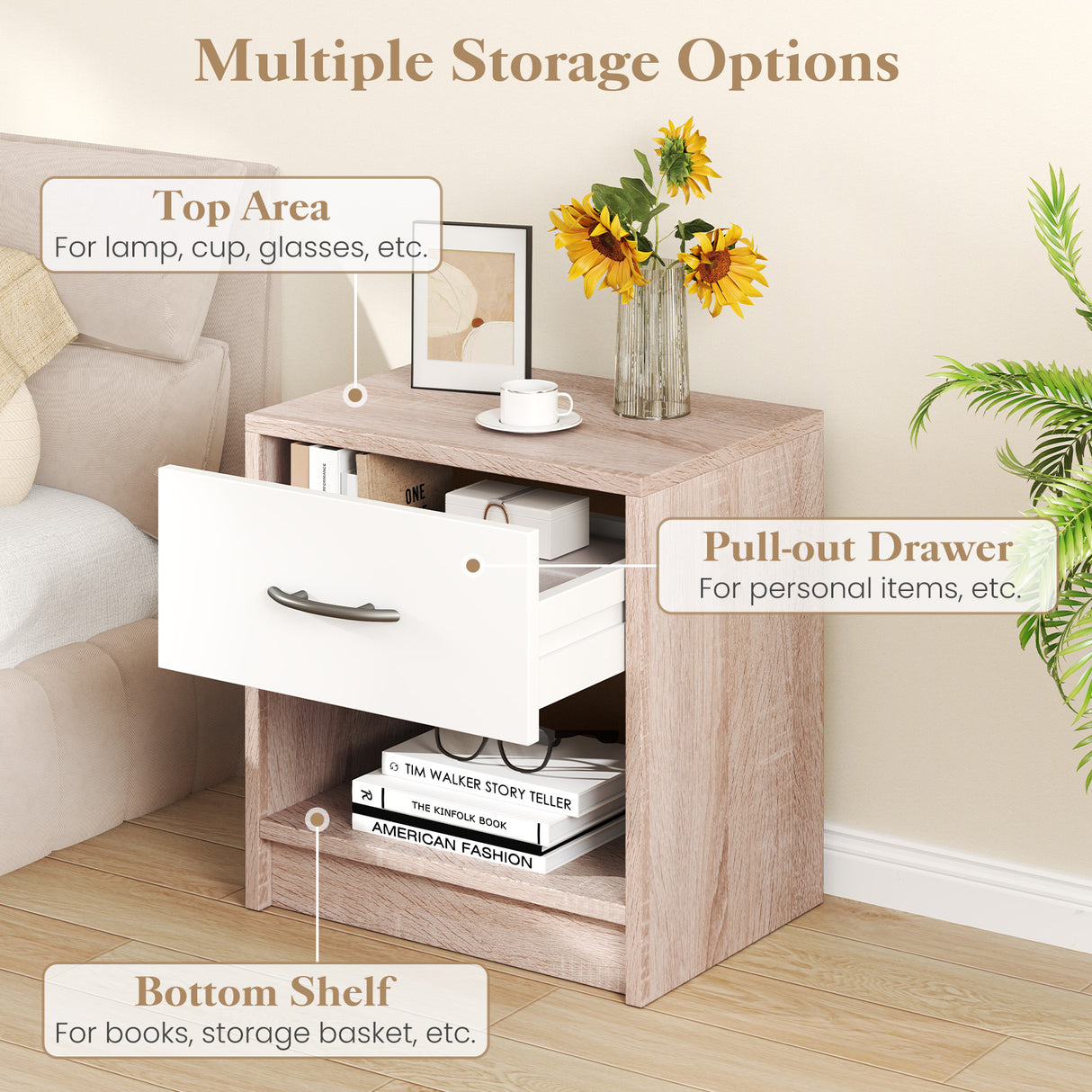 Bedside Table Nightstand with Drawer and Open Storage Shelf