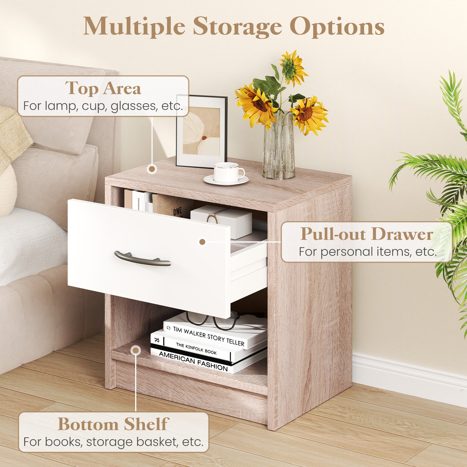 Bedside Table Nightstand with Drawer and Open Storage Shelf