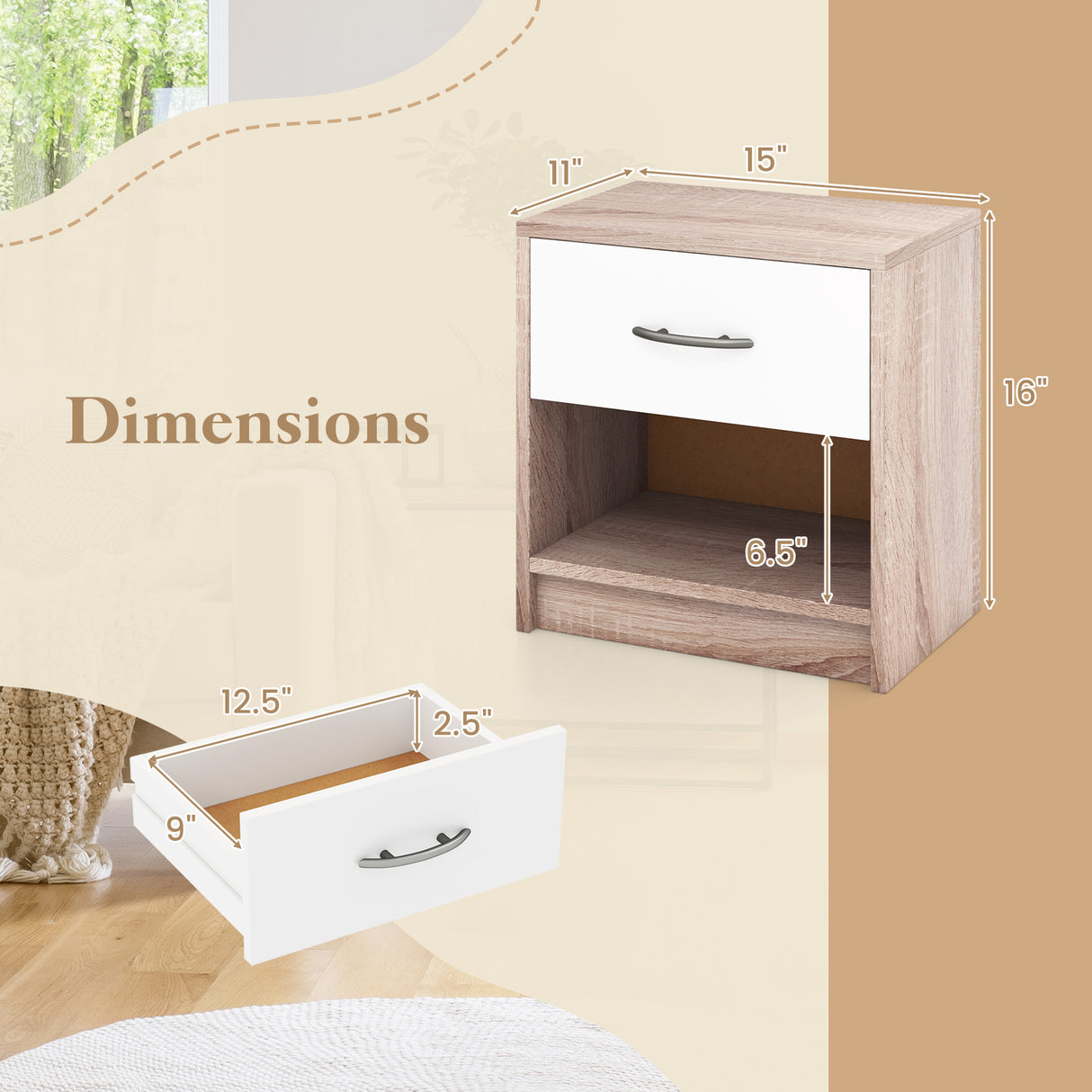 Bedside Table Nightstand with Drawer and Open Storage Shelf