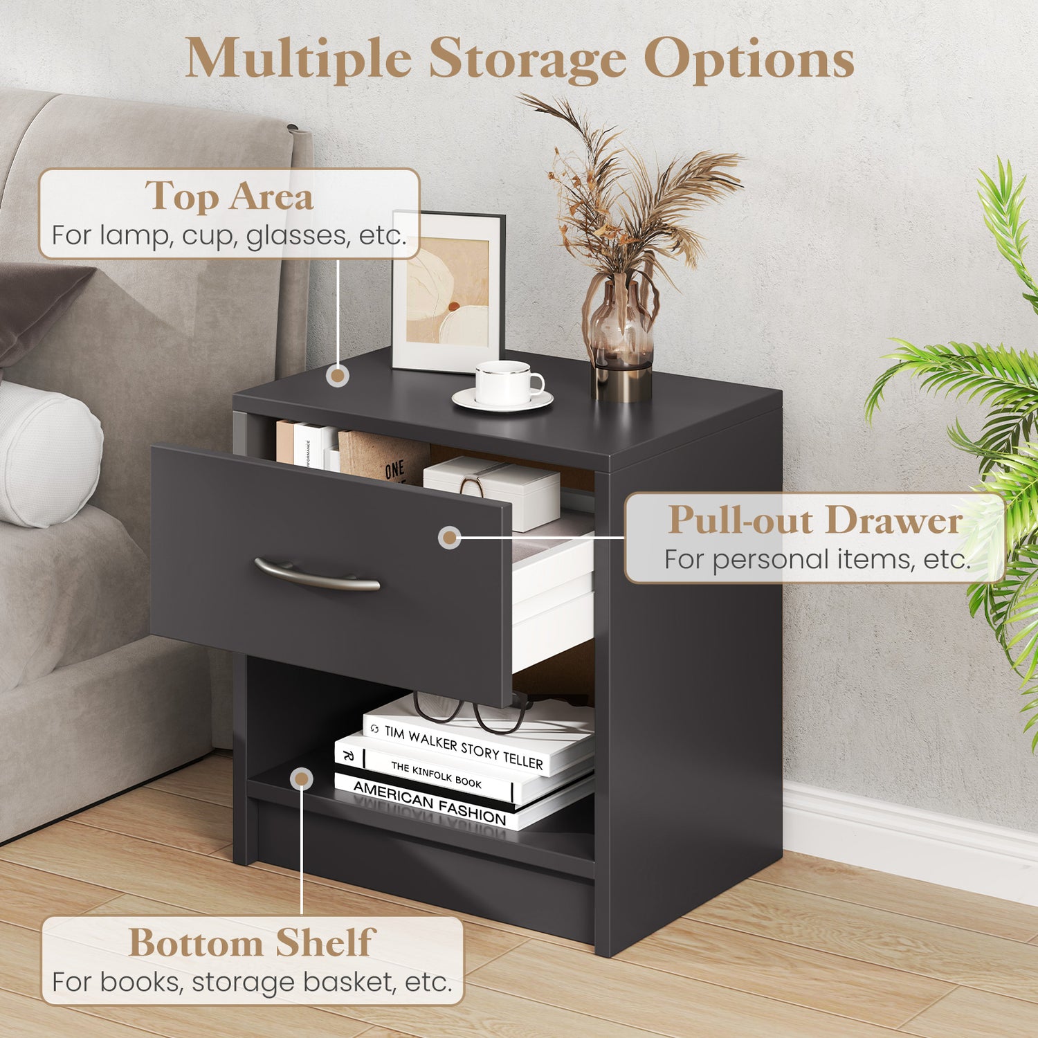 Bedside Table Nightstand with Drawer and Open Storage Shelf
