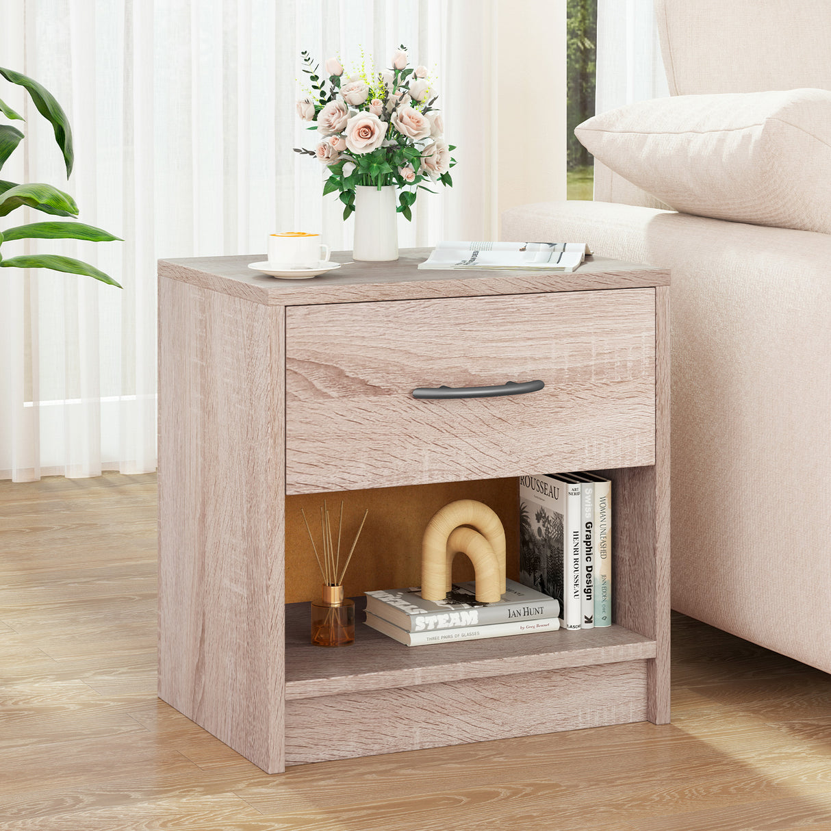 Bedside Table Nightstand with Drawer and Open Storage Shelf