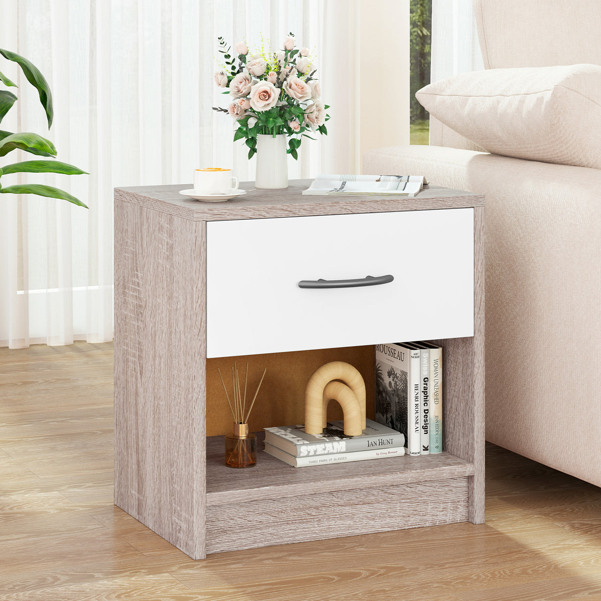 Bedside Table Nightstand with Drawer and Open Storage Shelf