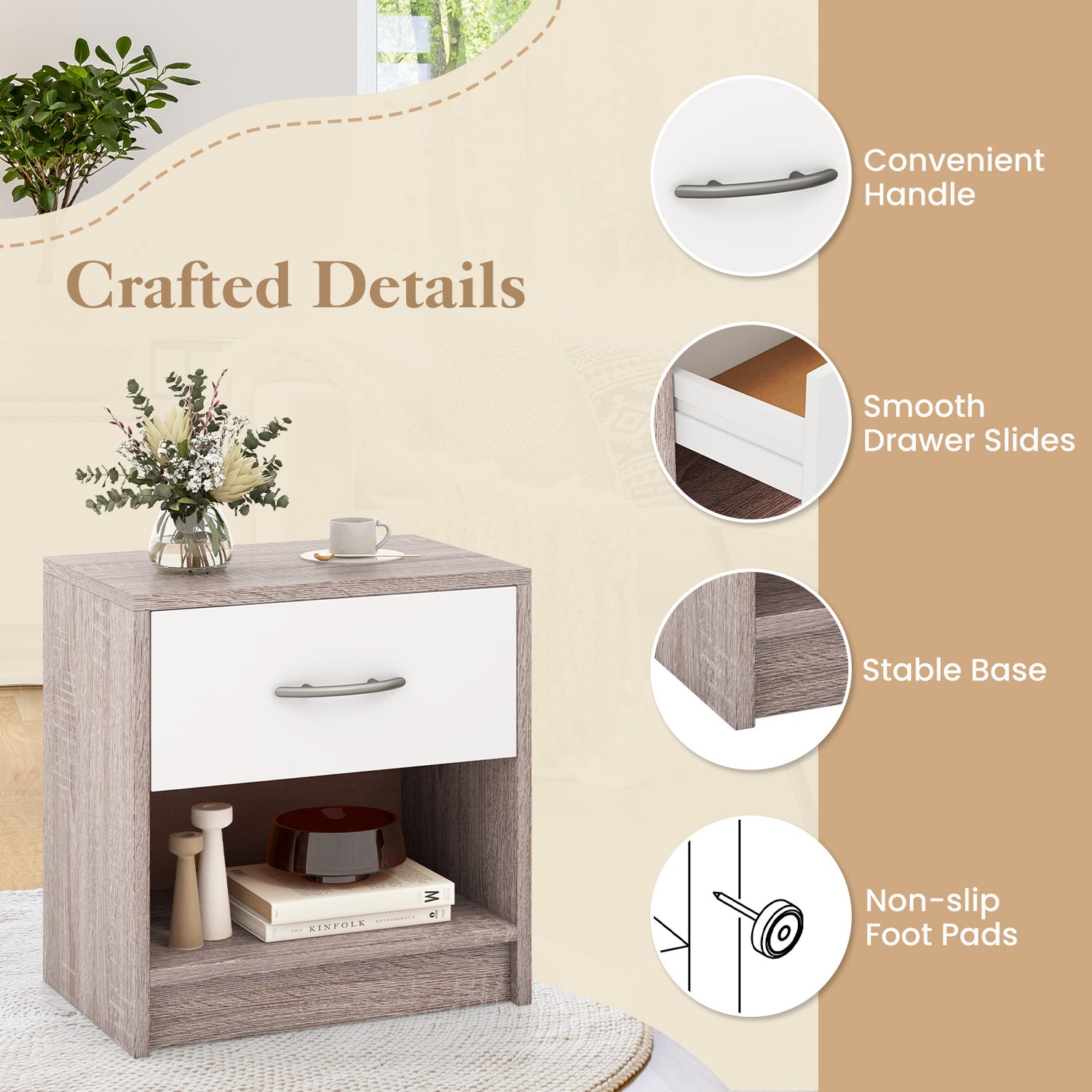 Bedside Table Nightstand with Drawer and Open Storage Shelf