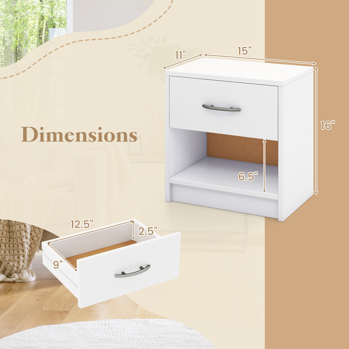 Bedside Table Nightstand with Drawer and Open Storage Shelf
