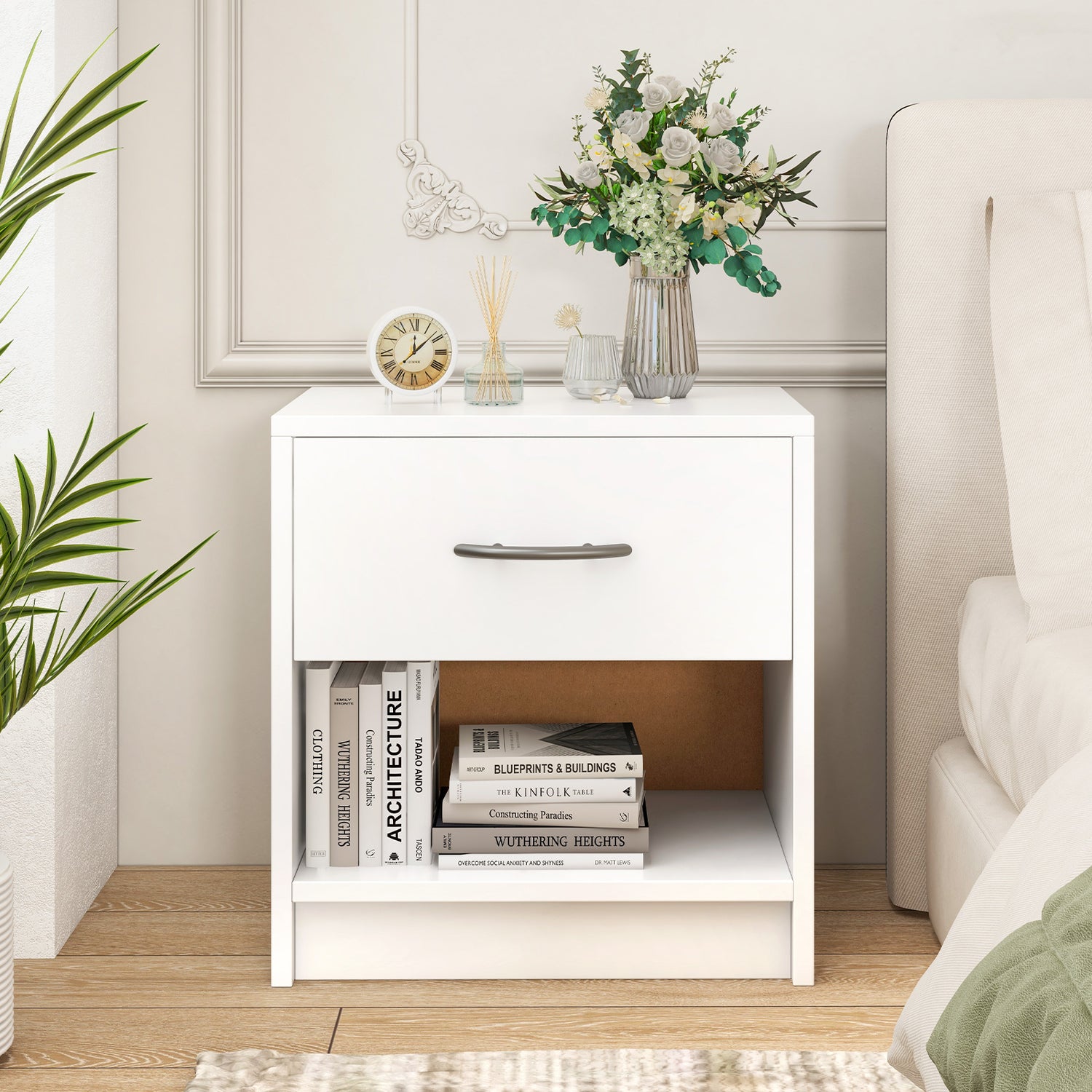 Bedside Table Nightstand with Drawer and Open Storage Shelf