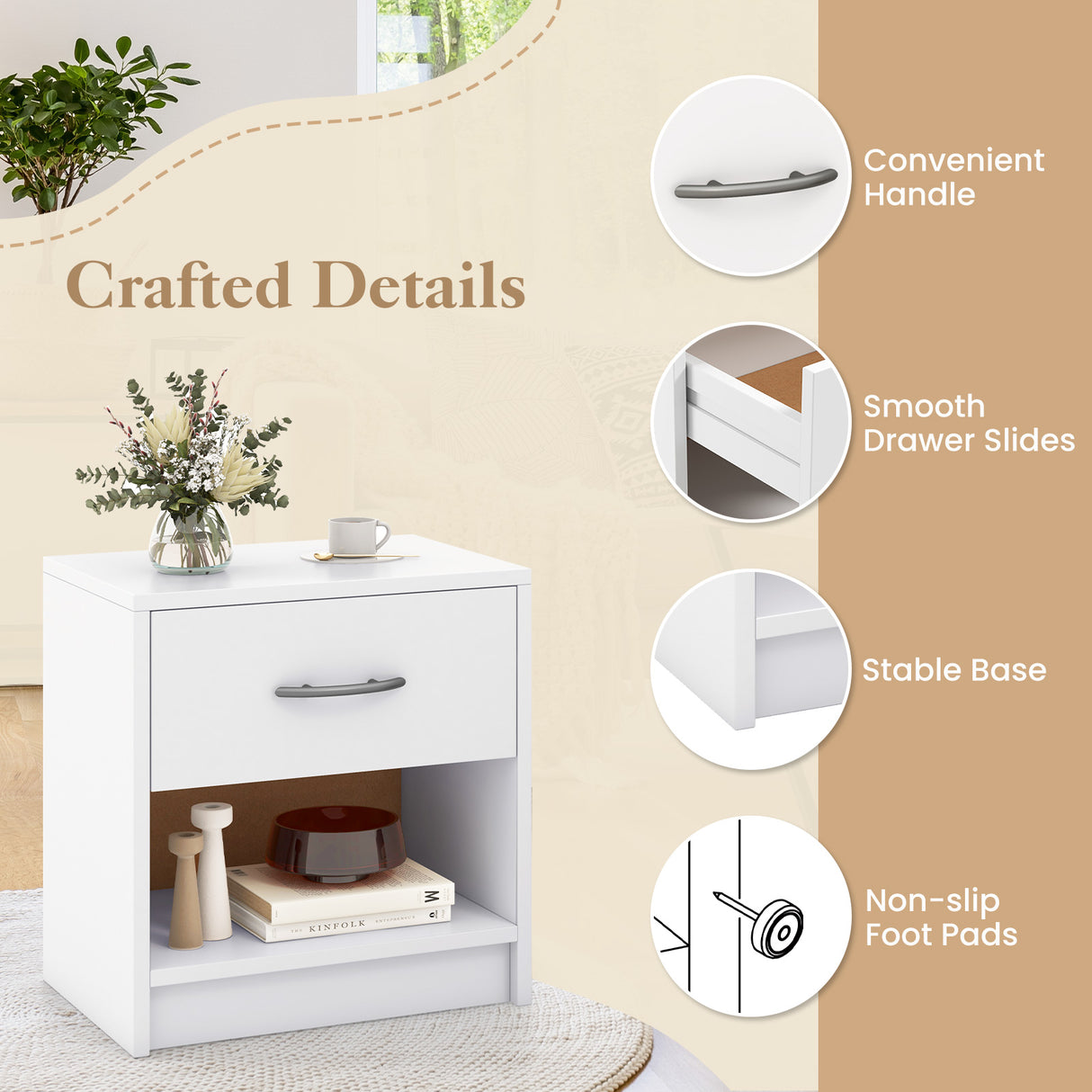 Bedside Table Nightstand with Drawer and Open Storage Shelf