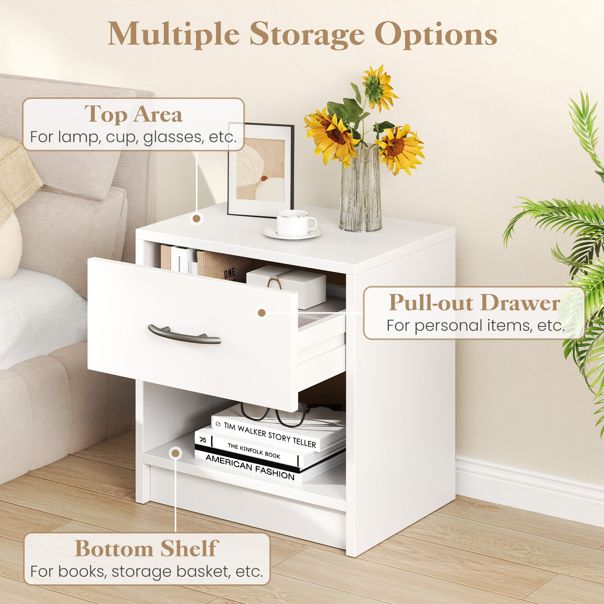 Bedside Table Nightstand with Drawer and Open Storage Shelf