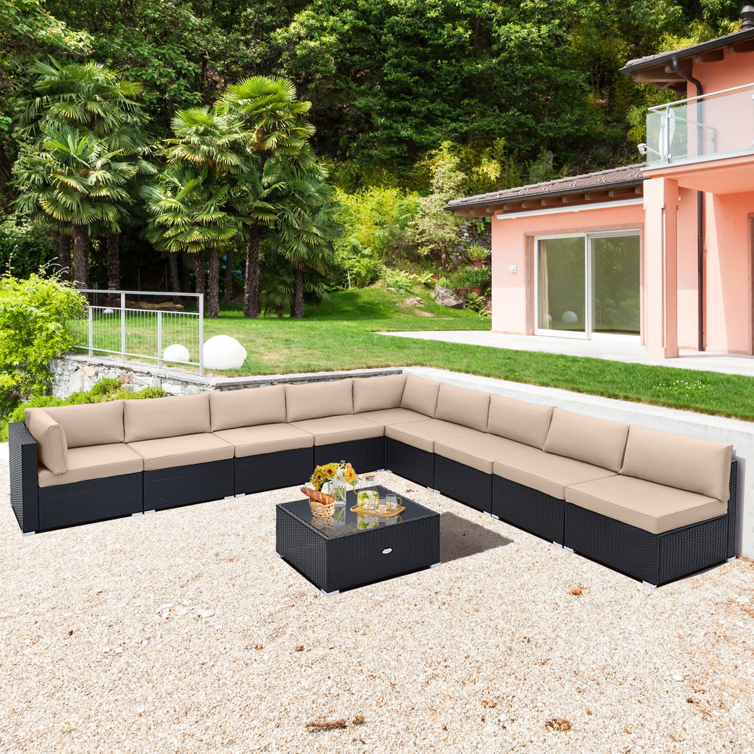 10 Piece Outdoor Wicker Conversation Set with Seat and Back Cushions