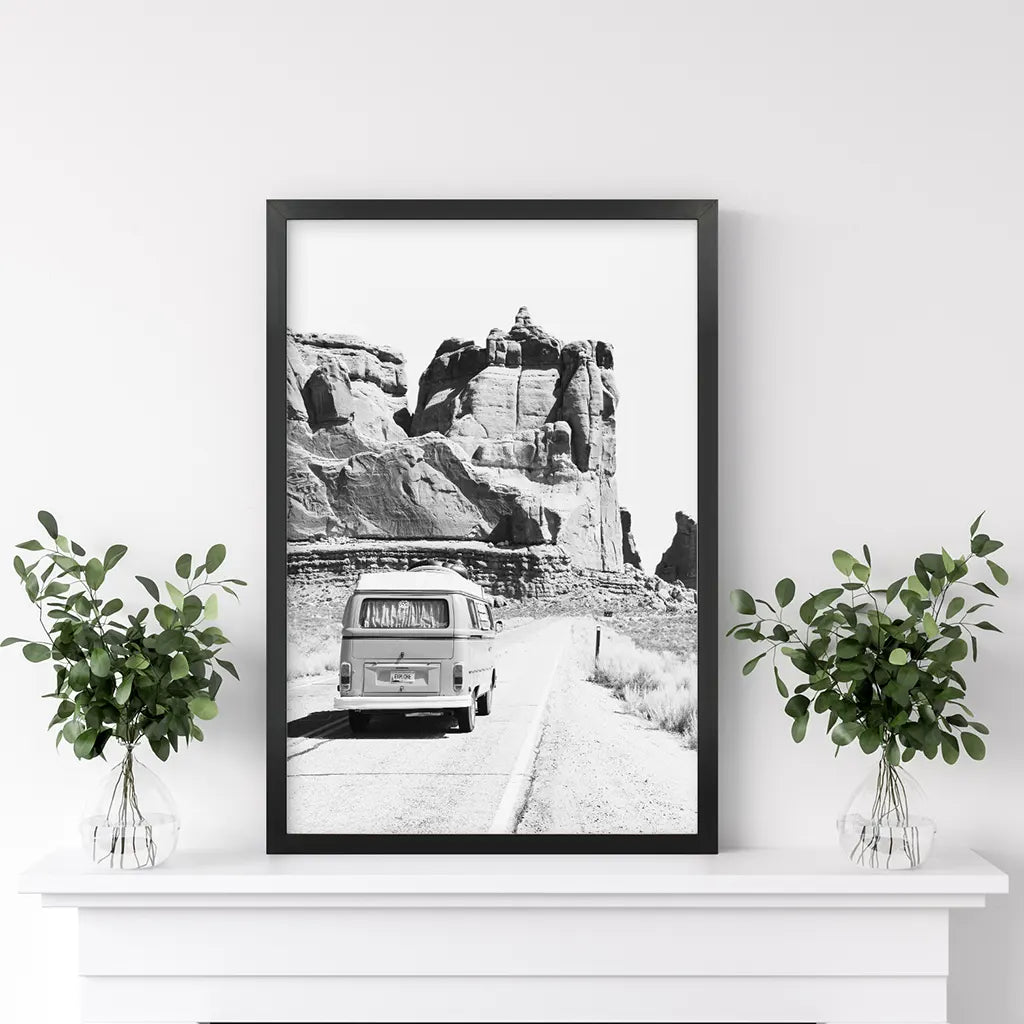 Black White Van Camper Poster. Utah National Park Wall Art