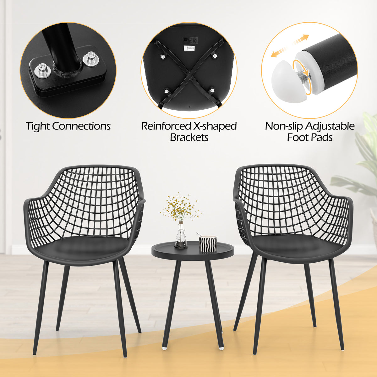 3 Piece Patio Chair Set with PP Seat and Tabletop for Porch