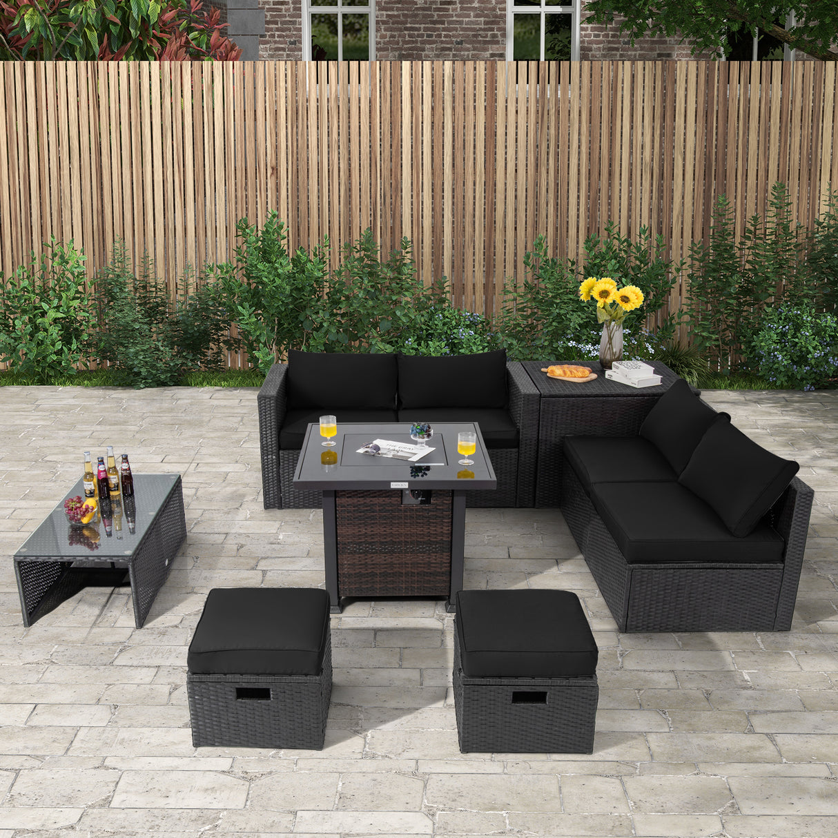 9 Pieces Patio Furniture Set with 32â Fire Pit Table and 50000 BTU Square Propane Fire Pit
