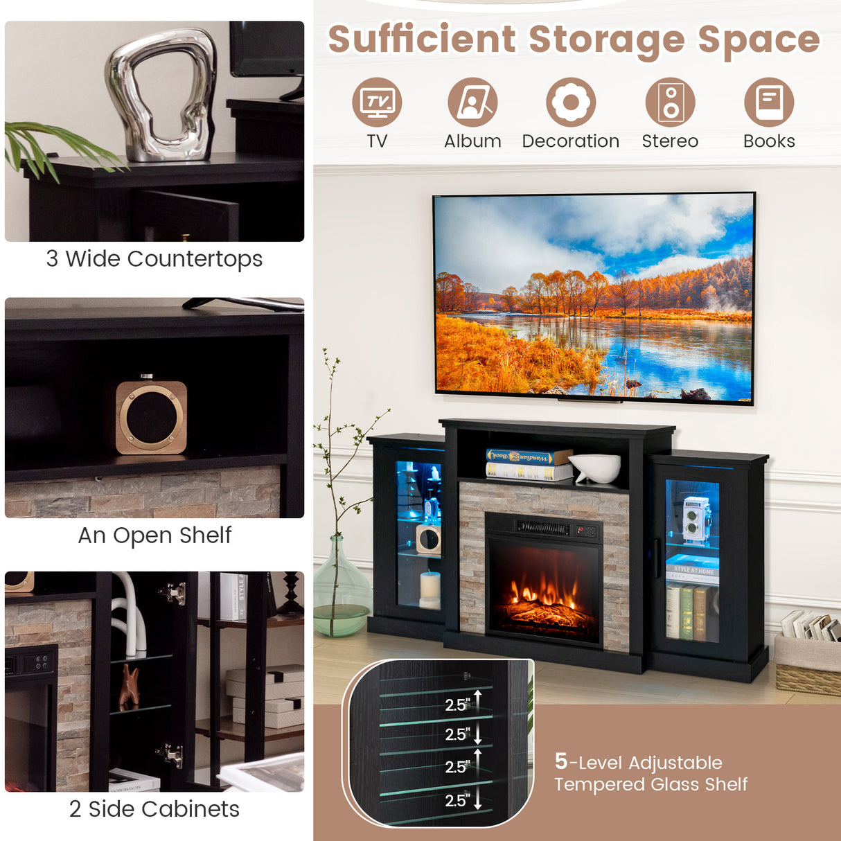 Fireplace TV Stand with 16-Color Led Lights for TVs up to 65 Inch