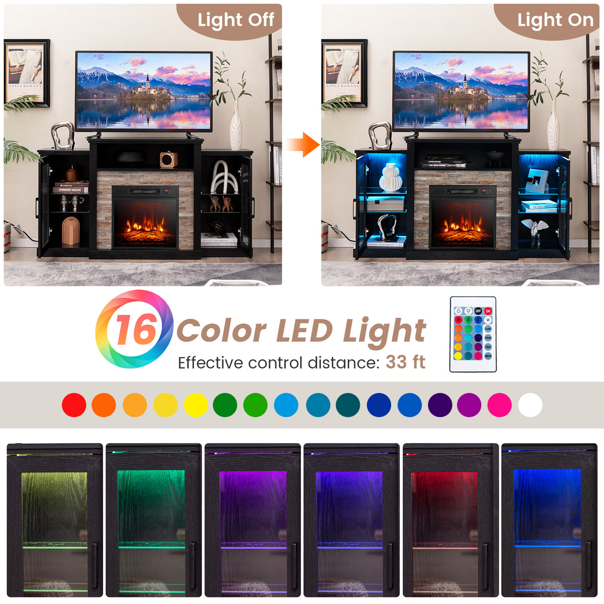 Fireplace TV Stand with 16-Color Led Lights for TVs up to 65 Inch