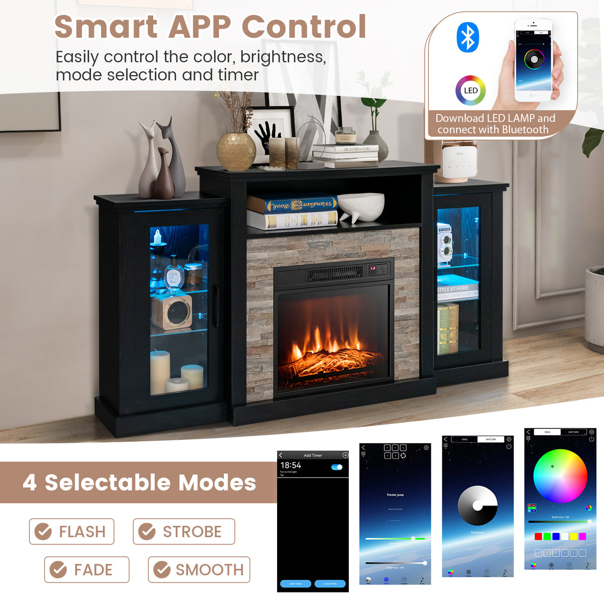 Fireplace TV Stand with 16-Color Led Lights for TVs up to 65 Inch