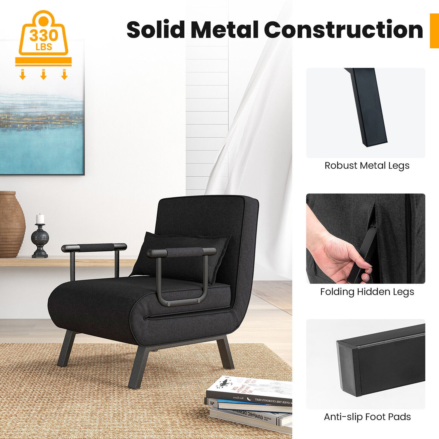 Folding 6 Position Convertible Sleeper Bed Armchair Lounge Couch with Pillow