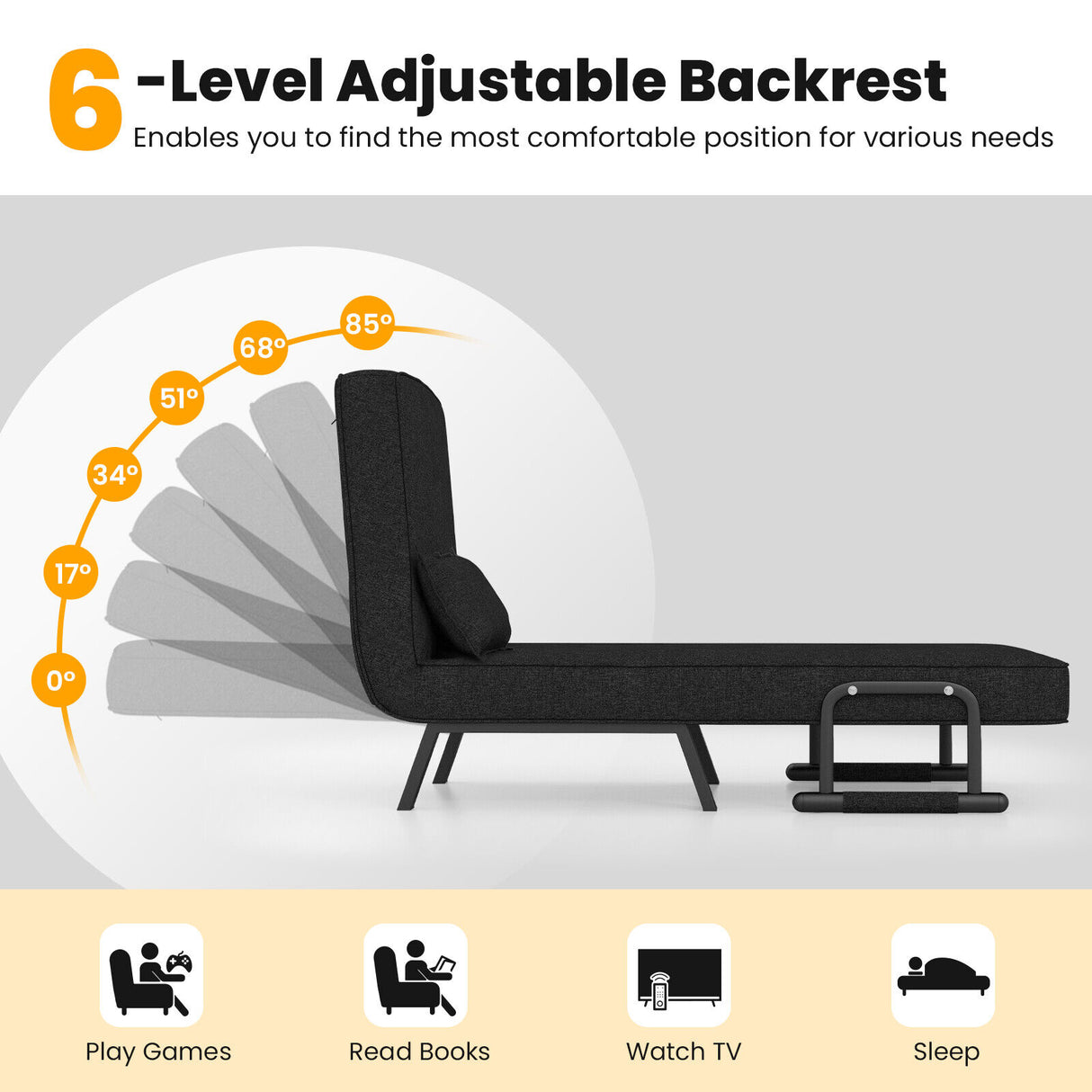 Folding 6 Position Convertible Sleeper Bed Armchair Lounge Couch with Pillow
