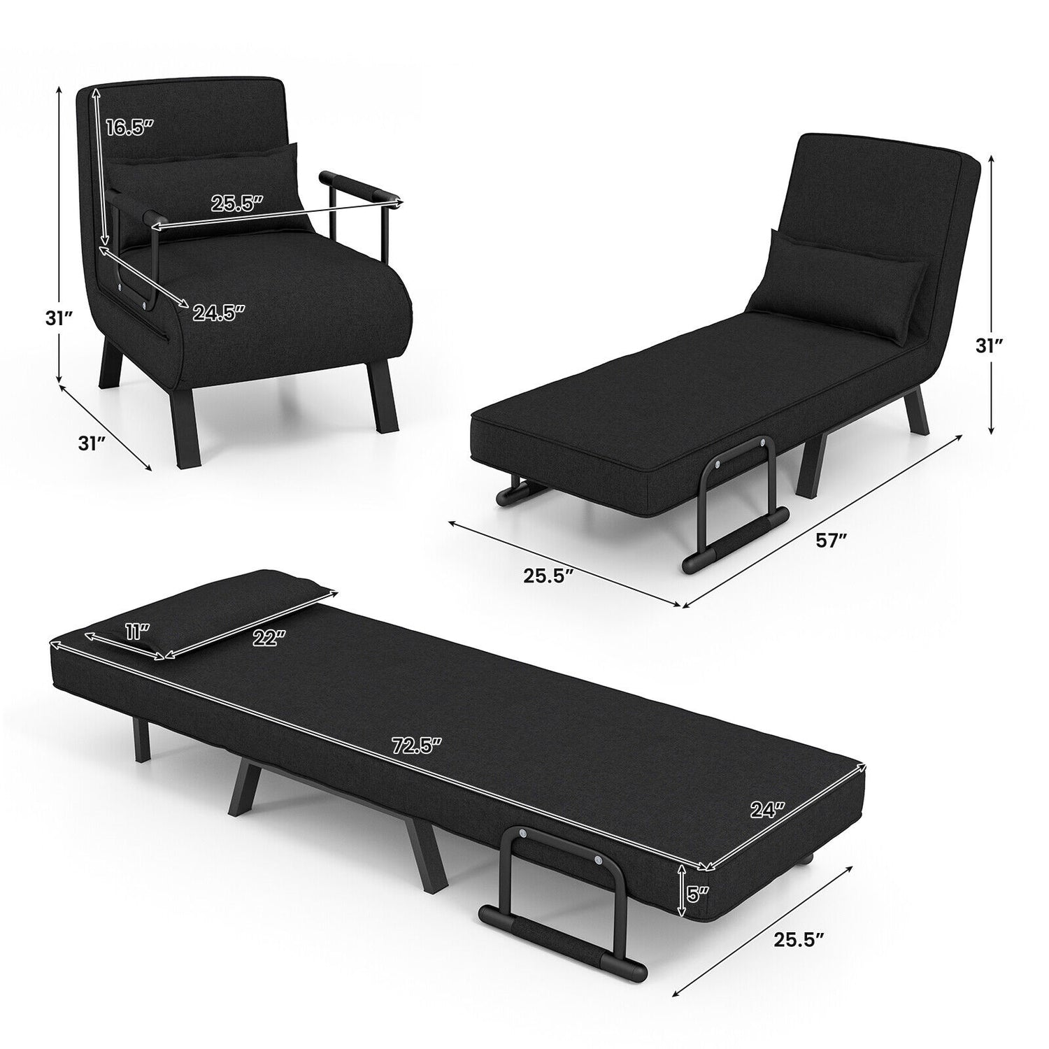 Folding 6 Position Convertible Sleeper Bed Armchair Lounge Couch with Pillow