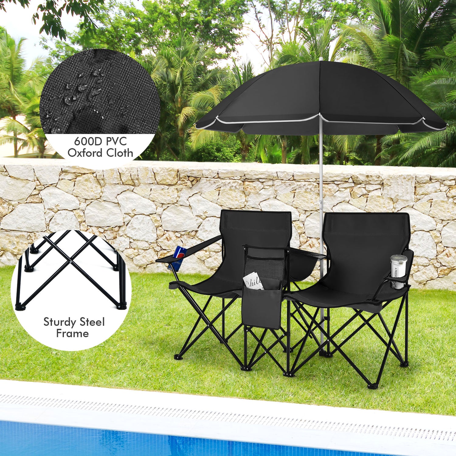 Portable Folding Picnic Double Chair with Umbrella