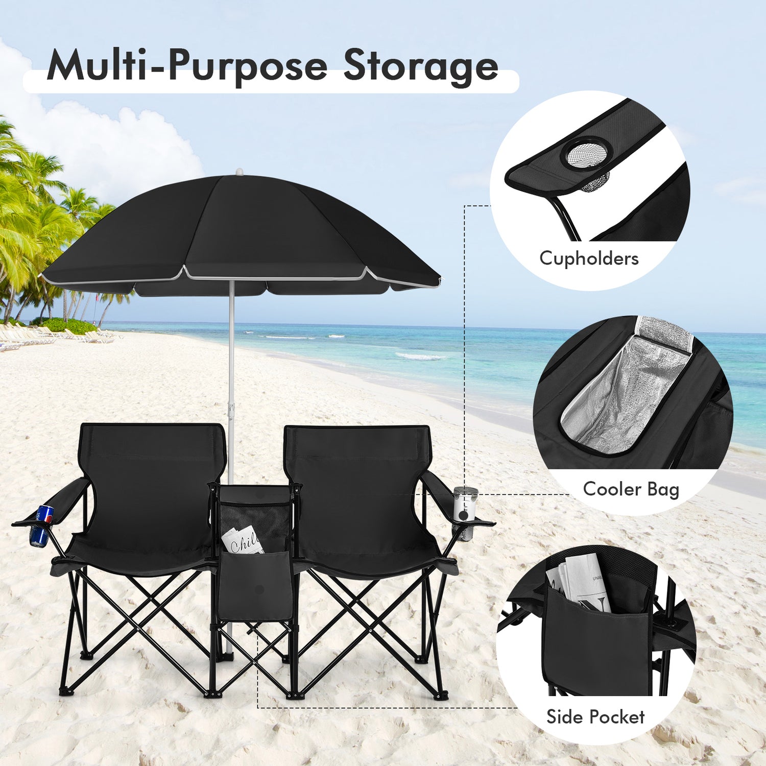 Portable Folding Picnic Double Chair with Umbrella