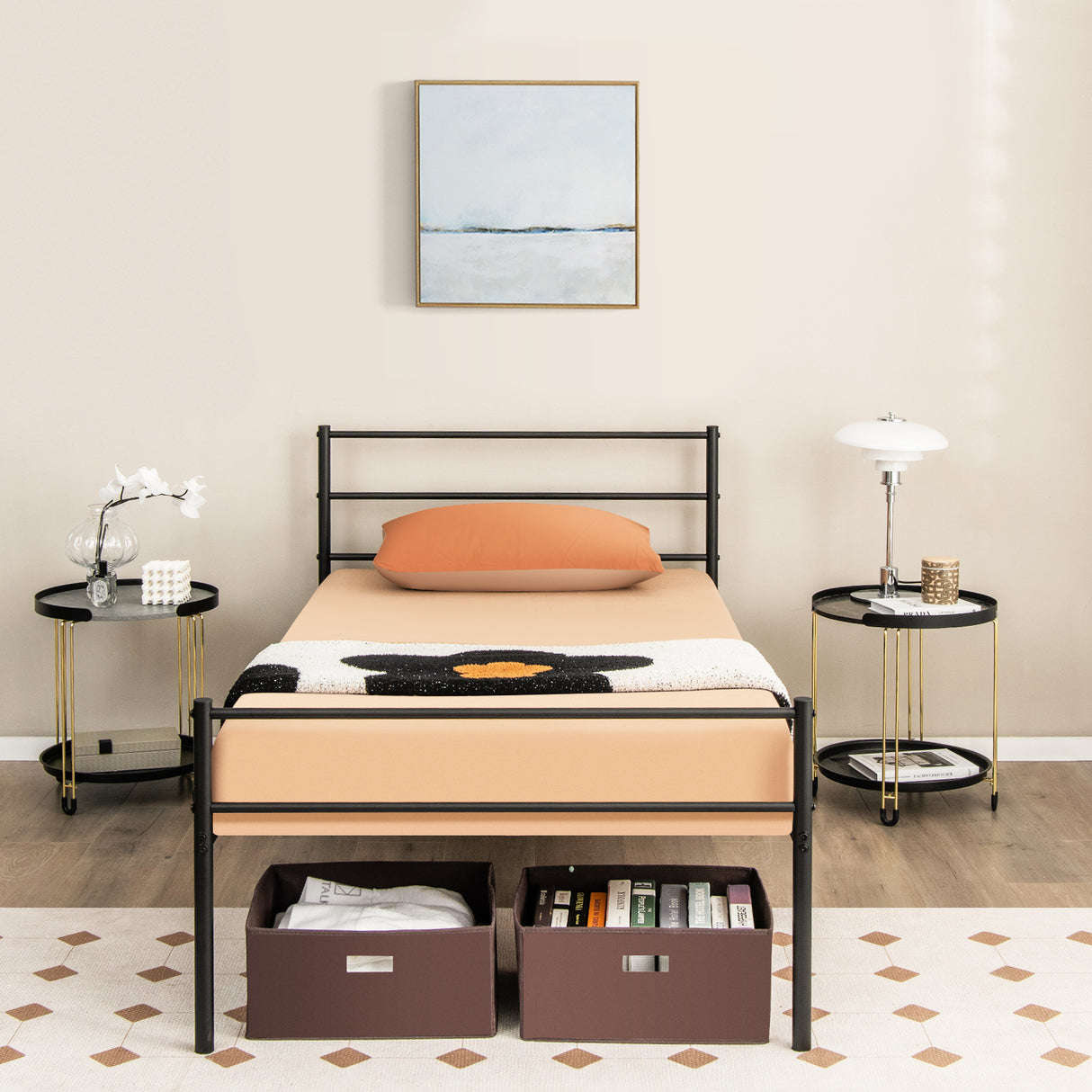 Twin Size Metal Bed Frame Platform with Headboard-Black