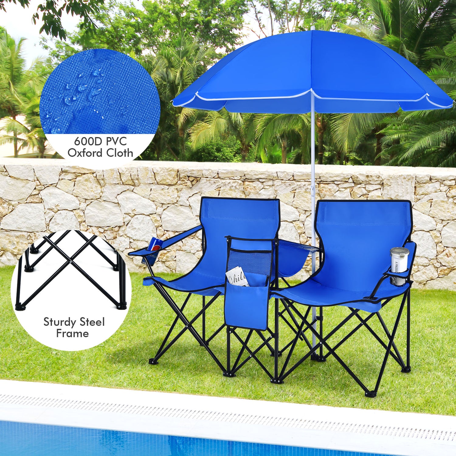 Portable Folding Picnic Double Chair with Umbrella