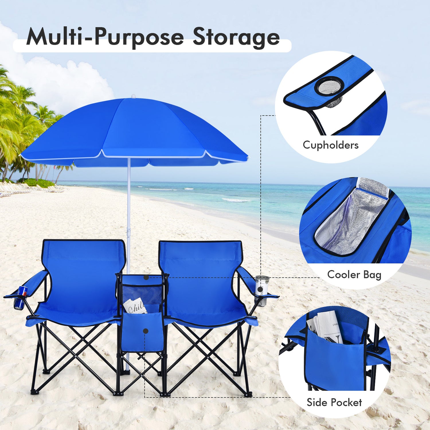 Portable Folding Picnic Double Chair with Umbrella
