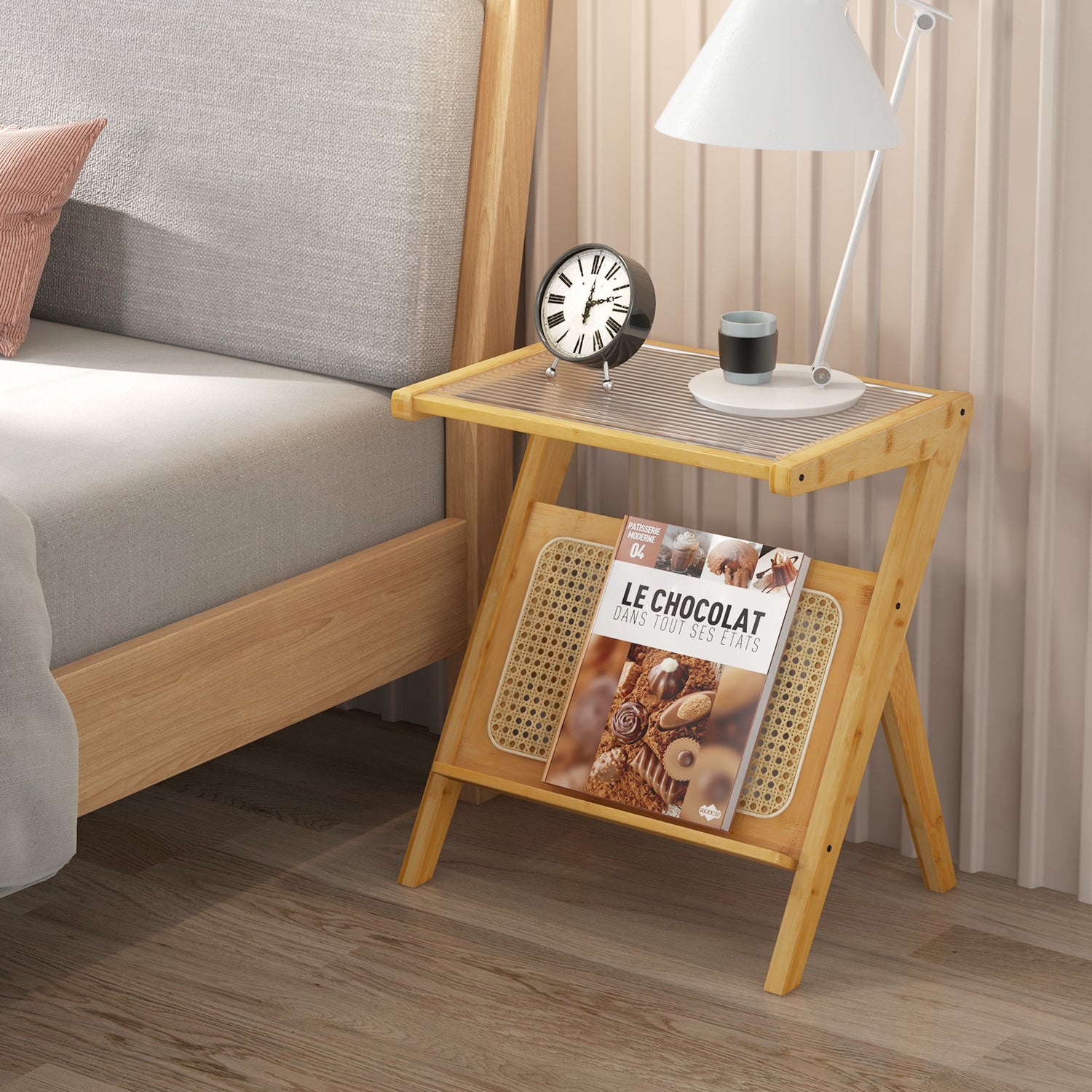 Boho End Table with Magazine Rack and Tempered Glass Top
